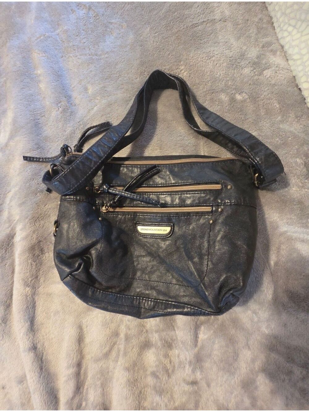 Stone mountain Black Leather Crossbody Bag with Gold Zippers